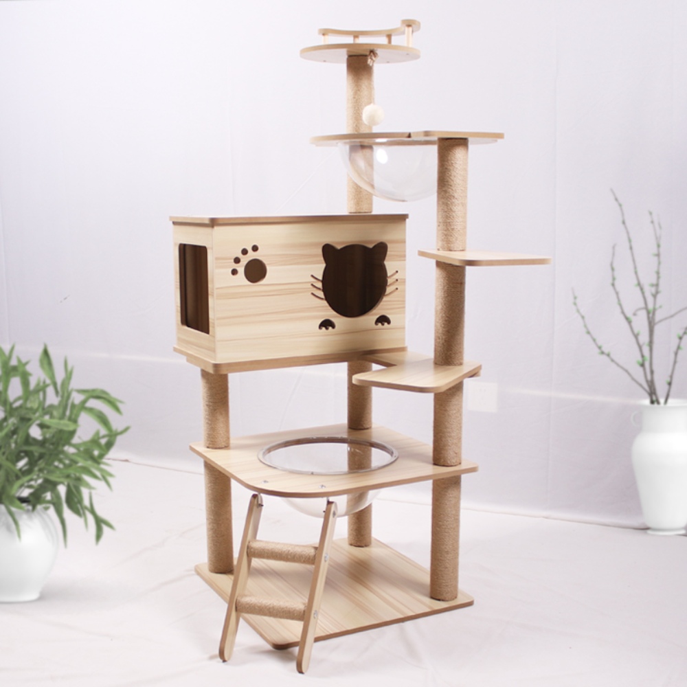 Large Wooden Cat Tree and Scratching Tower Cat Climbing Frame Premium Toy for Feline Friends to Play and Scratch - الصورة 2