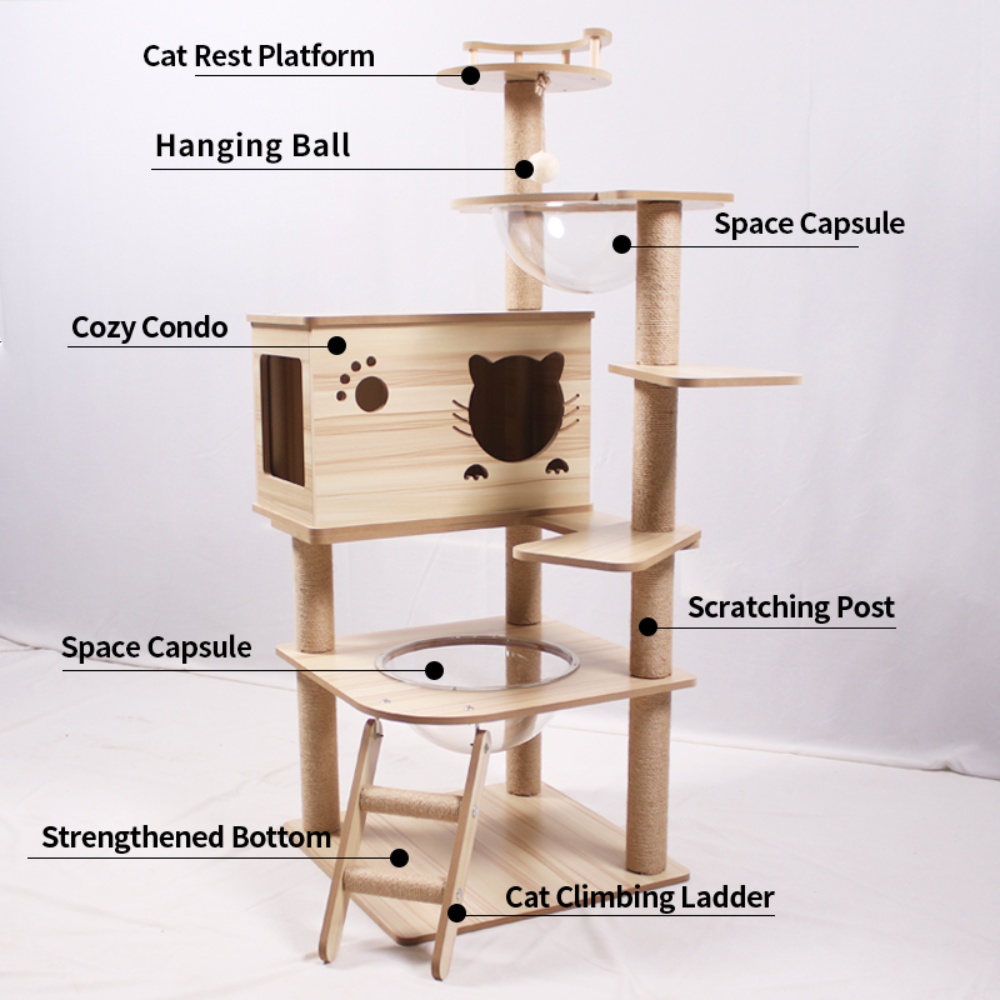 Large Wooden Cat Tree and Scratching Tower Cat Climbing Frame Premium Toy for Feline Friends to Play and Scratch - الصورة 3