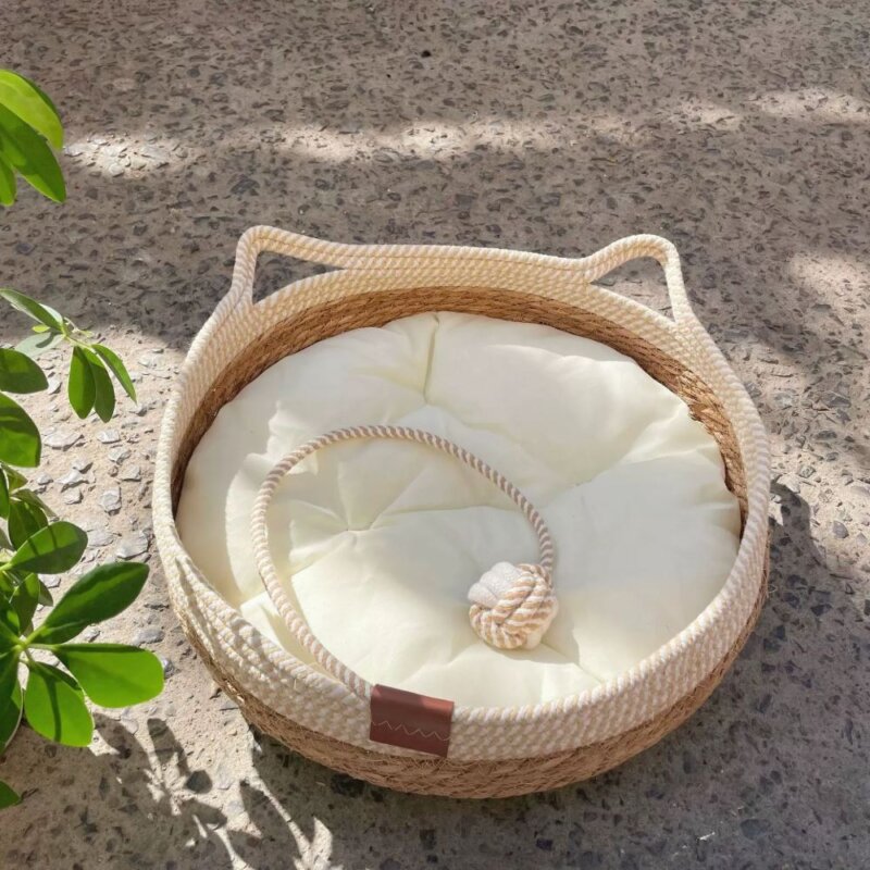Natural straw cat bed - Breathable and suitable for all seasons, detachable and washable cat bed, eco-friendly cat house